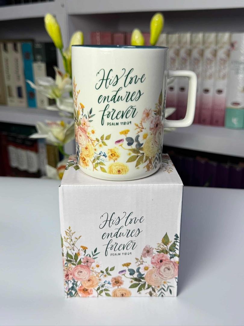 His Love Endures Forever Ceramic Mug with Teal Interior