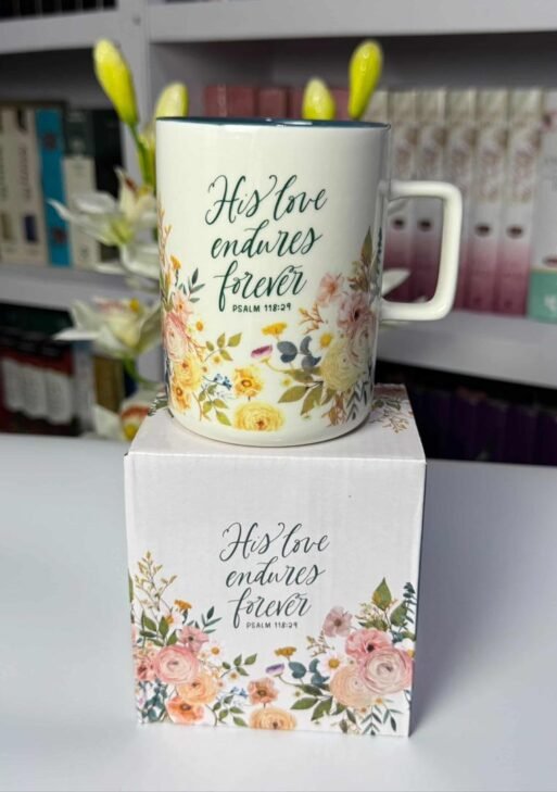 His Love Endures Forever Ceramic Mug with Teal Interior