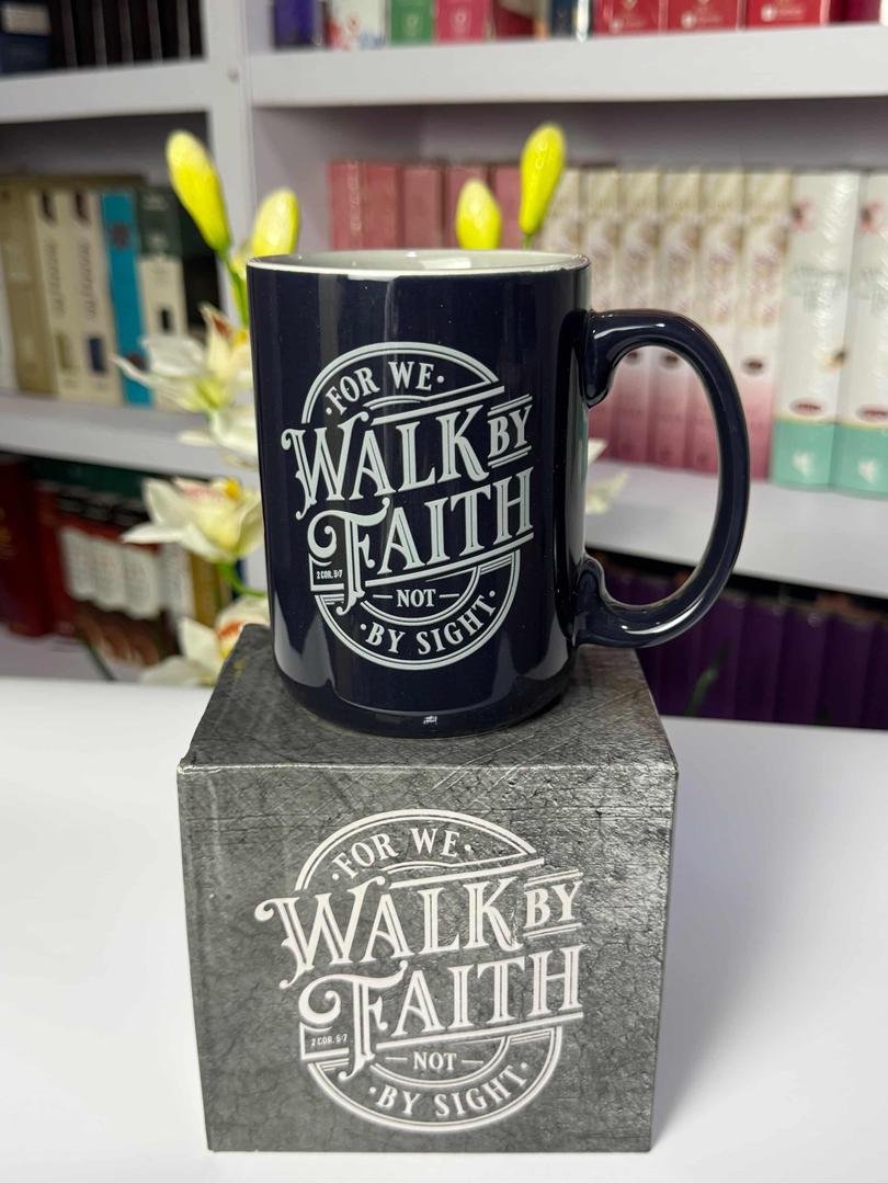 Walk By Faith Navy Blue Ceramic Coffee Mug - 2 Corinthians 5:7